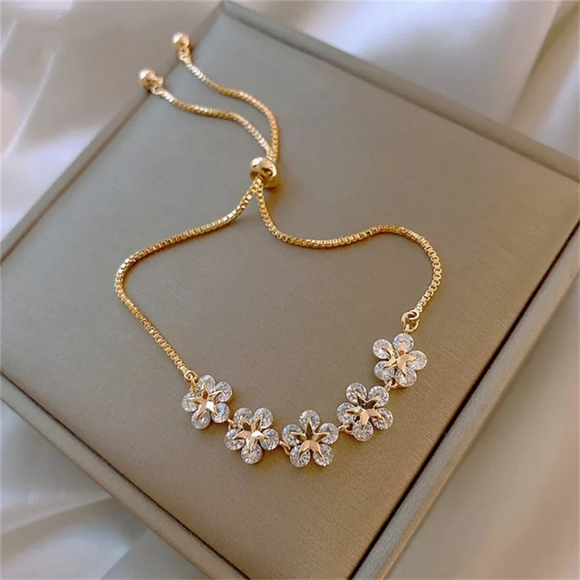 Accessories - Gold Plated Rhinestone Flower Adjustable Bracelet